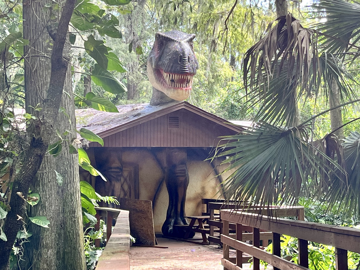 t-rex standing through a building