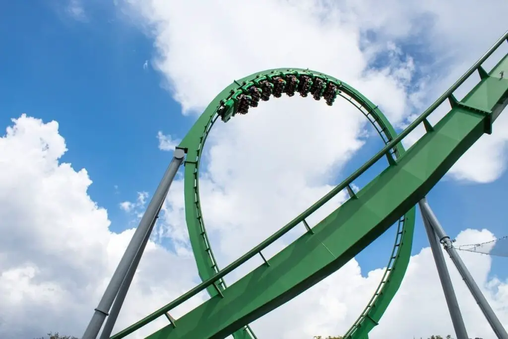 Riders going upside down a loop on The Incredible Hulk coaster