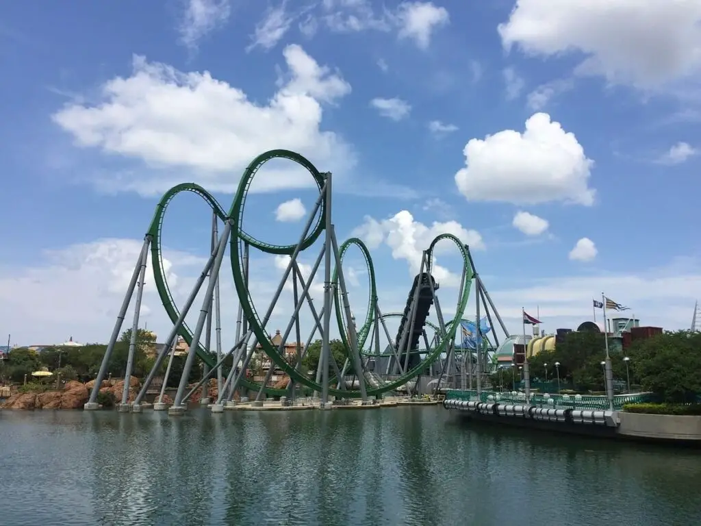 view of the Incredible Hulk coaster at Marvel Super Hero Island at Universal Orlando